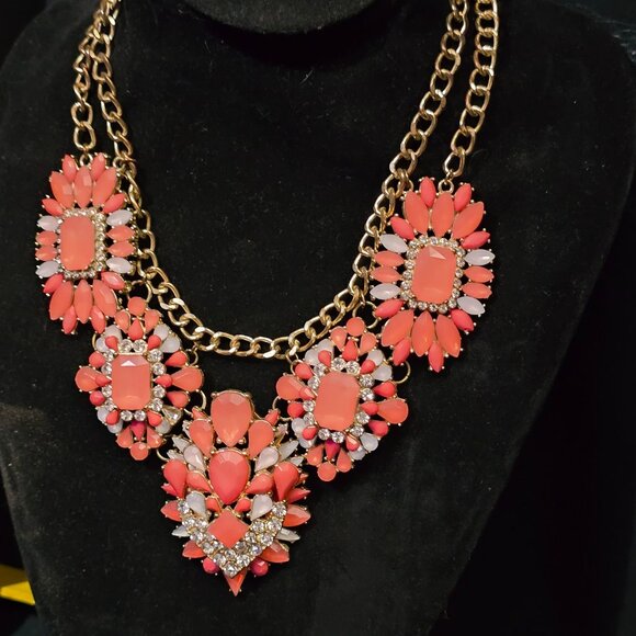 Coral & Gold Floral Statement Necklace With Rhinestones & Dual Chain Links - Picture 1 of 8
